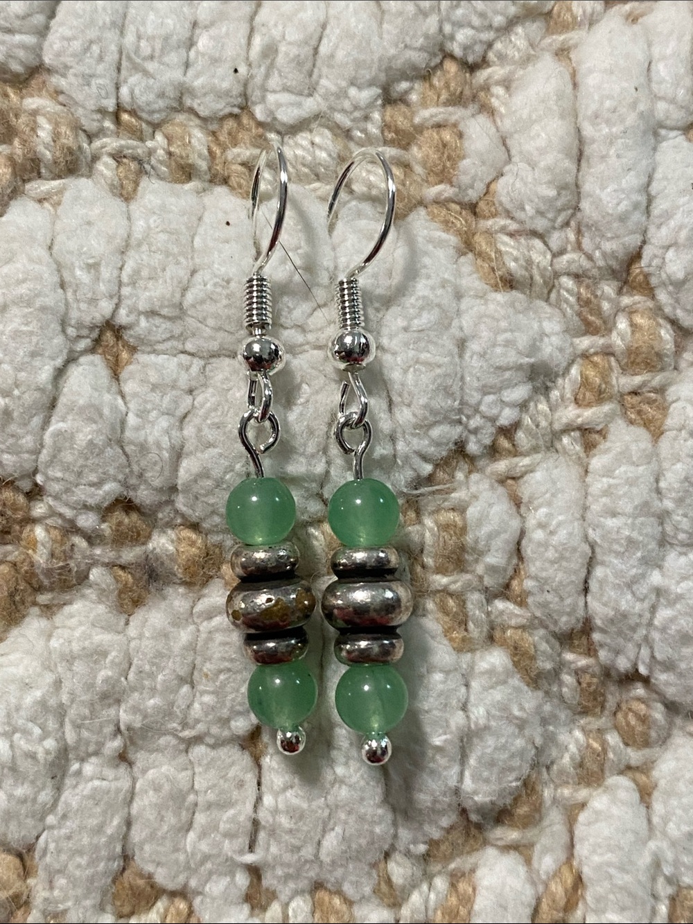 Green Acrylic Bead Dangle Earrings with Silver Accents